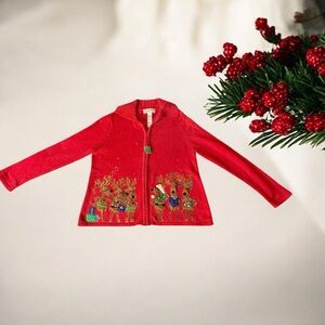 VINTAGE TIARA INTERNATIONAL CHRISTMAS COLLECTION REINDEER ZIP SWEATER SIZE LARGE